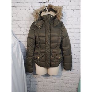 Divided H & M Women's Size 8 Olive Faux Fur Trim Hooded Puffer Jacket.